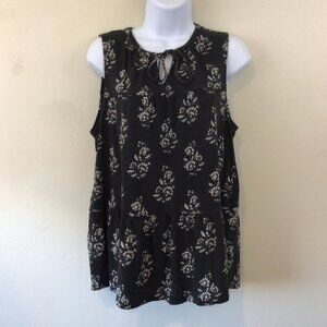 Lucky Brand Black Floral Print Tie Neck Sleeveless Boho Style Shirt